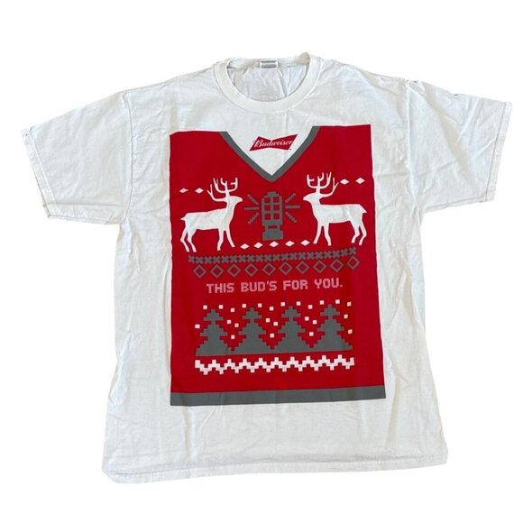 Budweiser This Buds for You Christmas T-Shirt  Fair Isle Print Large White Y2K - Picture 1 of 8
